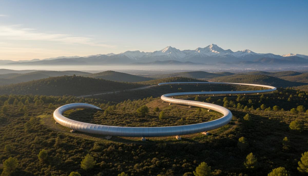 Магистральный трубопровод для транспортировки водорода проложен через холмистый ландшафт на фоне горных вершин.