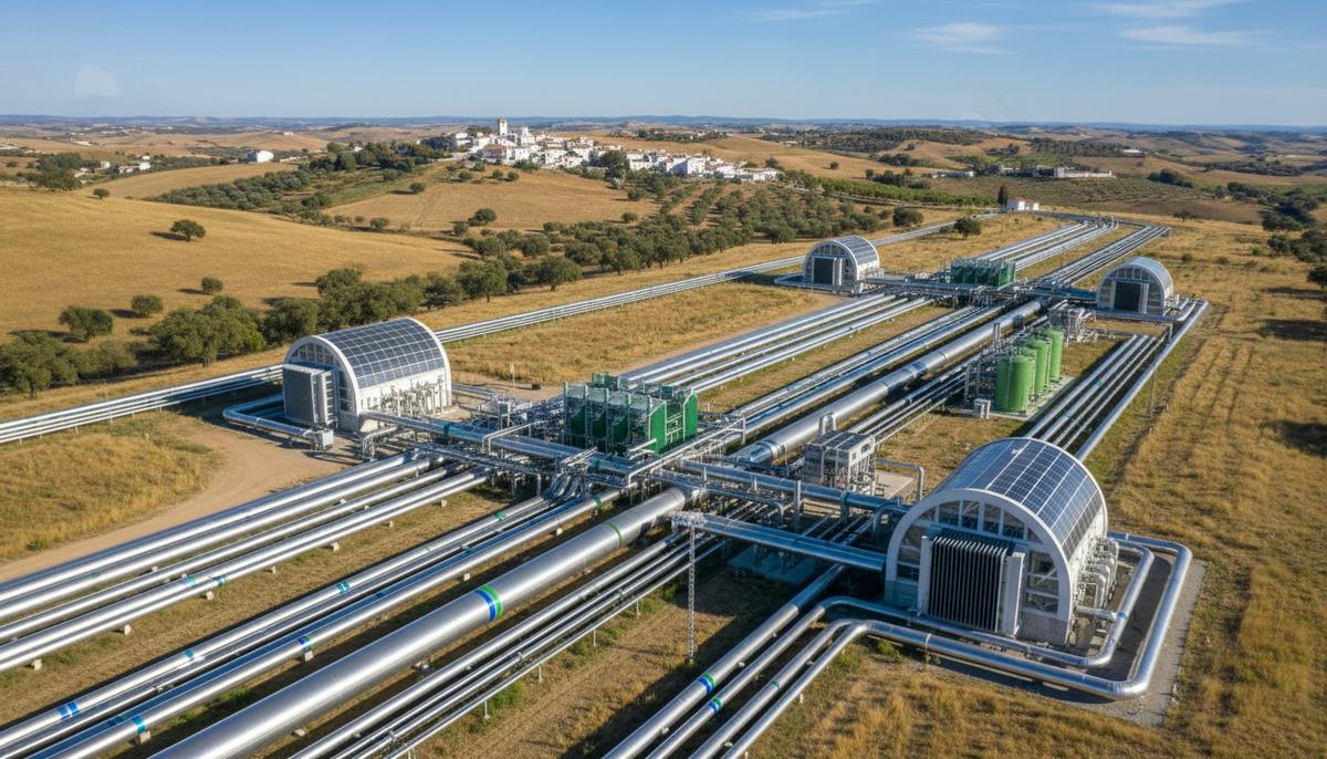 Современная газовая инфраструктура – трубы и компрессорная станция с датчиками на фоне холмистого пейзажа Испании.