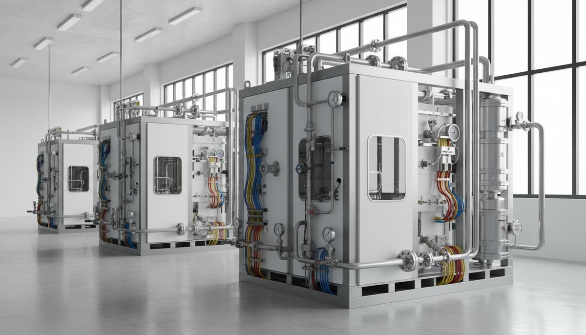 Современные модульные установки для производства водорода, соединенные трубопроводами, в светлом промышленном помещении.