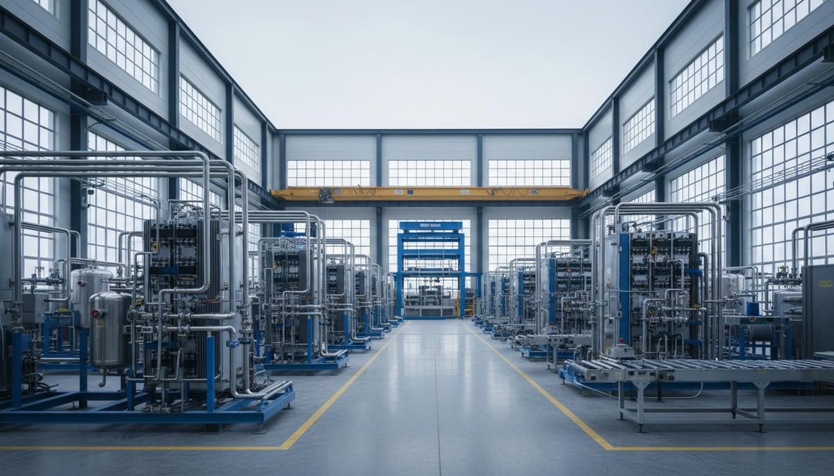 Цех по производству водородных электролизеров. Ряды промышленного оборудования с трубами и резервуарами на пустом заводе.
