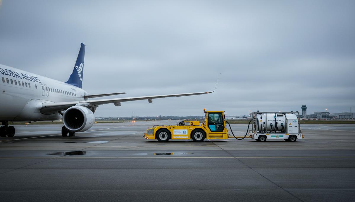 Водородный тягач и багажный трактор на аэродроме рядом с пассажирским самолетом.