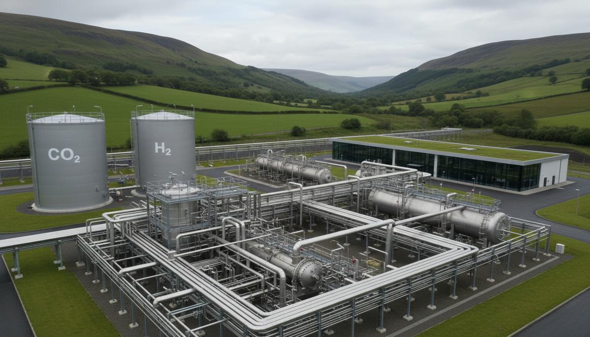 Современный завод по производству электронного топлива с резервуарами для хранения CO2 и водорода на фоне зеленых холмов Великобритании.