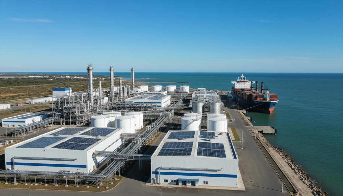 Современный завод по производству е-топлива на побережье Уругвая: большие белые резервуары, трубопроводы и причал с грузовым судном.