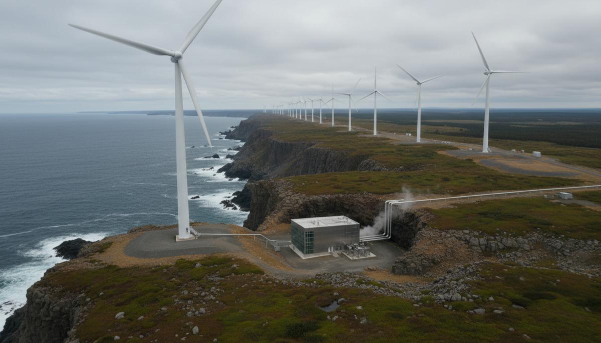 Канада: пересмотр ветро-водородных проектов на Ньюфаундленде Современные ветряные турбины на скалистом побережье Ньюфаундленда, рядом небольшой комплекс по производству водорода на фоне океана.