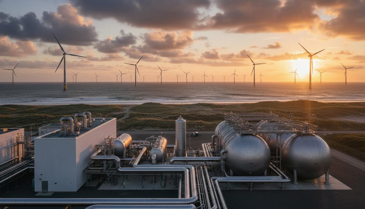 ЕС призывают сохранить строгие правила для «зеленого» водорода Современный завод по производству водорода на фоне прибрежной ветряной электростанции с большими турбинами на рассвете.