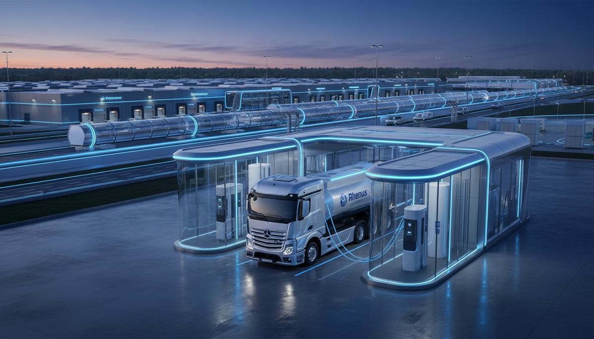 Водородный грузовик в деле: Rhenus тестирует GenH2 от Daimler Truck Водородный грузовик Mercedes-Benz GenH2 с логотипом Rhenus на фоне современного логистического терминала и заправочной станции.