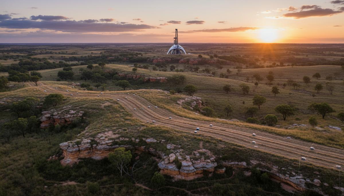 Thor Energy начинает разведку водорода и гелия в Южной Австралии Обширный ландшафт бассейна Отвей в Южной Австралии на рассвете. На горизонте видна современная буровая установка для разведки водорода.
