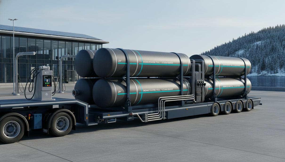 Модуль для транспортировки биометана с композитными баллонами высокого давления на фоне промышленного объекта в Скандинавии.
