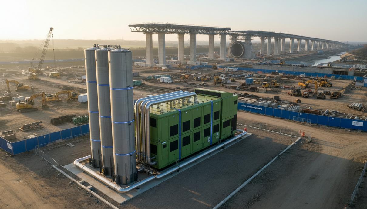 Зеленый водородный генератор на строительной площадке моста и тоннеля Lower Thames Crossing на рассвете.