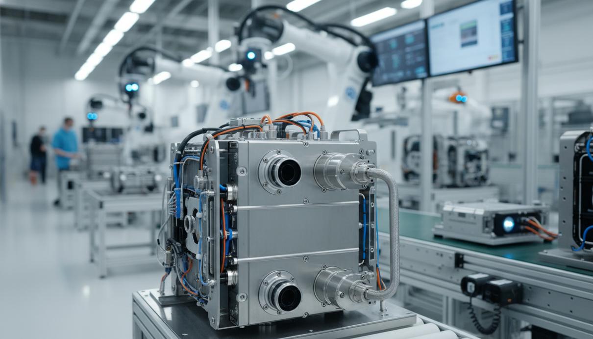 Водородный топливный элемент EKPO NM20 крупным планом на сборочной линии современного высокотехнологичного завода.