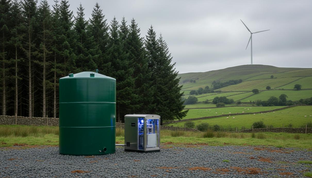 Установка для производства зеленого водорода на фоне соснового леса и холмов с ветряной турбиной в Уэльсе.