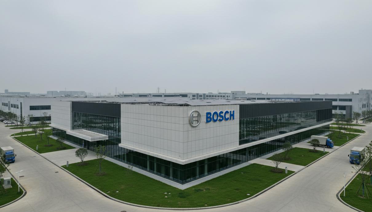Современное промышленное здание завода Bosch в городе Уси, Китай. Фасад с логотипом компании в пасмурный день.