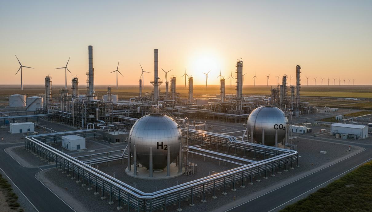 Современный завод по производству электронного топлива на рассвете, стальные резервуары для CO2 и водорода, ветряные турбины на горизонте.