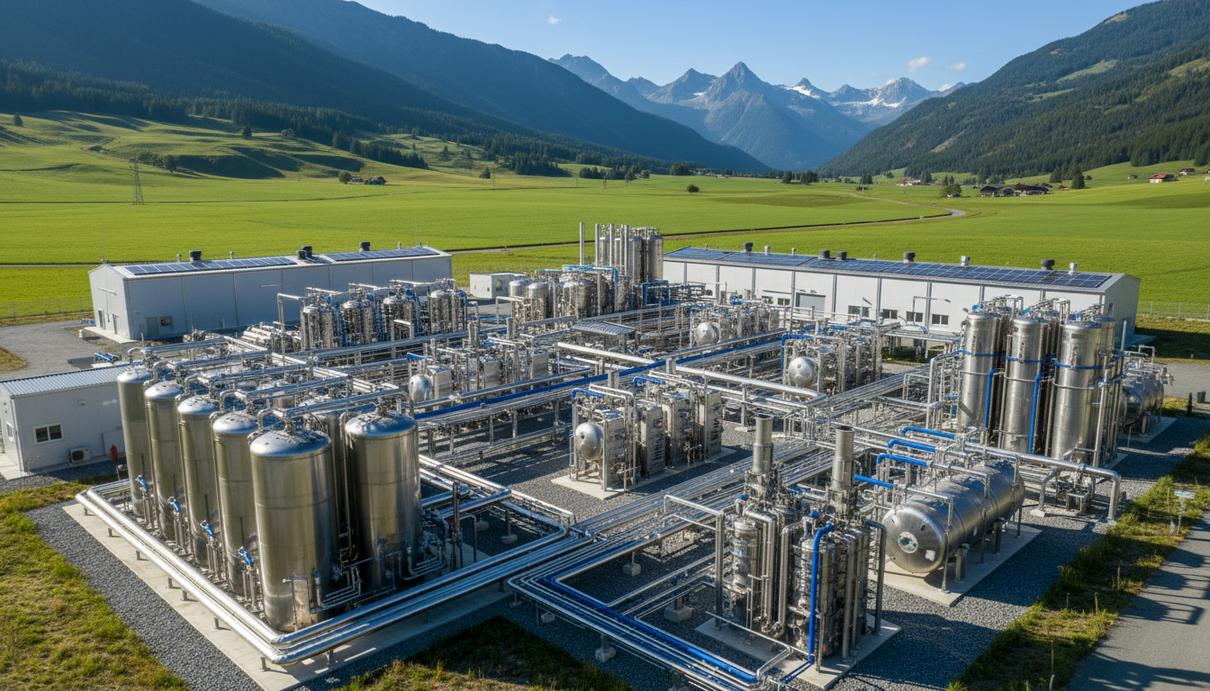 Современный завод по производству зеленого водорода с резервуарами и трубопроводами в альпийской долине.