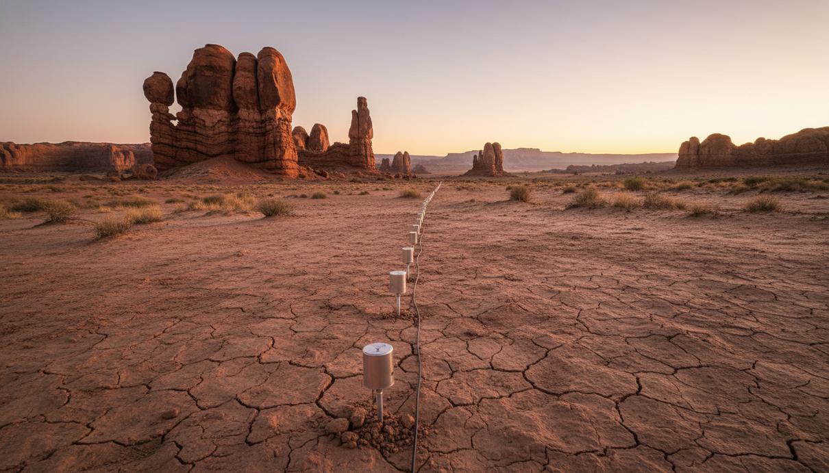 Ряд сейсмических датчиков для геологоразведки, установленных на каменистой равнине на фоне заката.