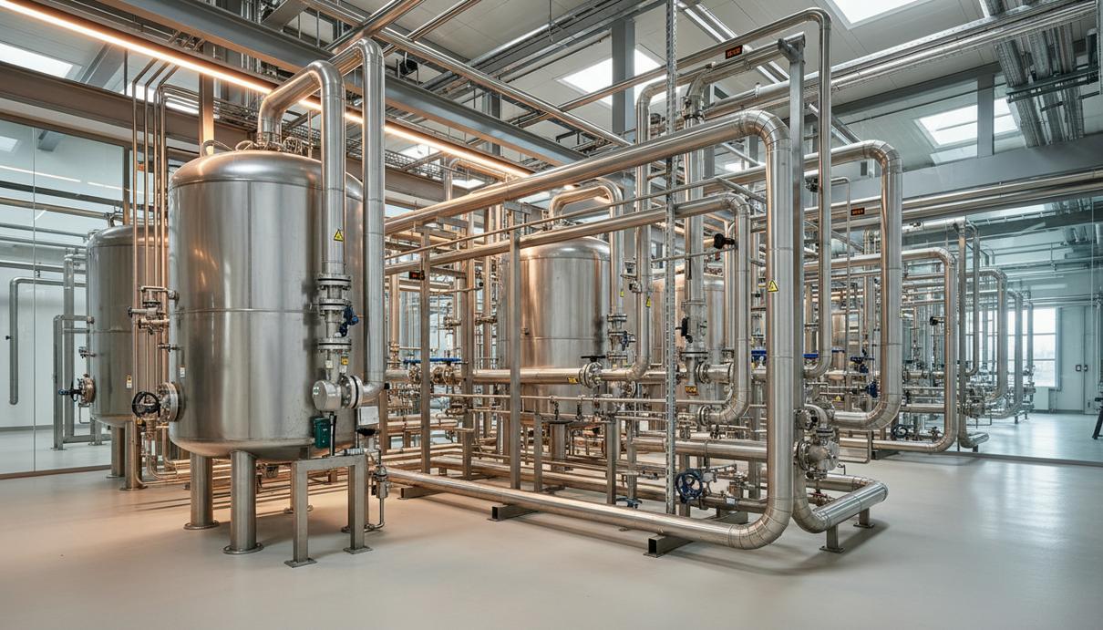 Современный завод по производству водорода со стальными резервуарами для хранения и сложной системой трубопроводов.