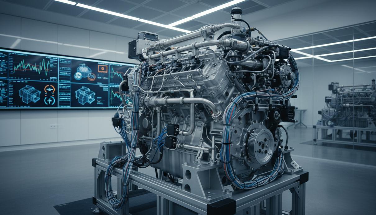 Современный водородный двигатель на испытательном стенде в научно-исследовательской лаборатории. Двигатель окружен сложной системой труб, датчиков и проводов.