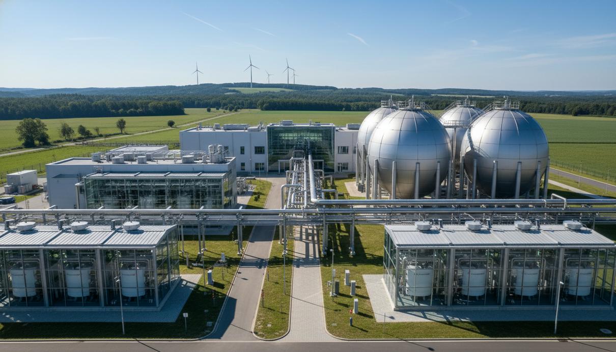 Современный завод по производству водорода в Германии с электролизерами, трубопроводами и сферическими резервуарами для хранения. На заднем плане видны ветряные турбины.