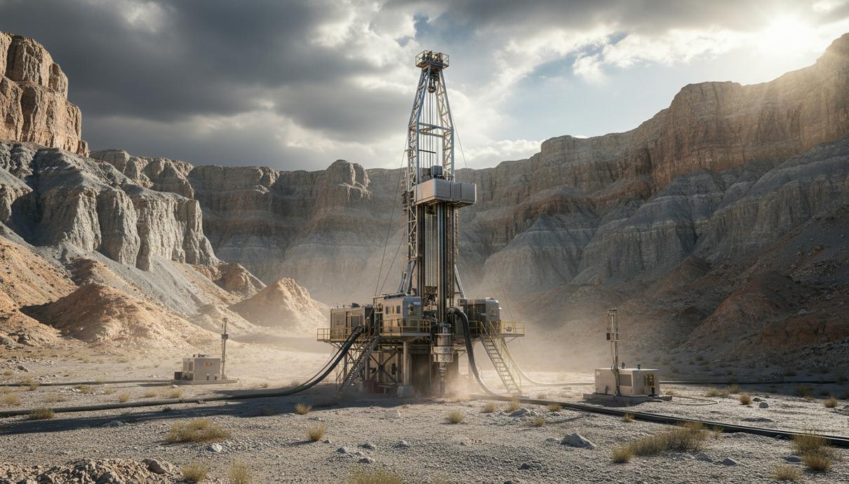 Современная буровая установка для разведки природного водорода, расположенная в скалистой, пустынной местности.