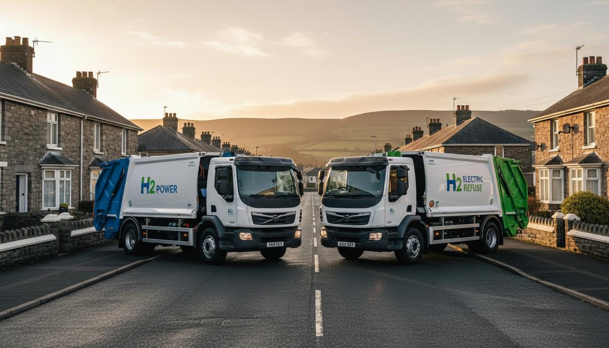 Водородный и электрический мусоровозы стоят рядом на городской улице в Уэльсе на фоне зеленых холмов.