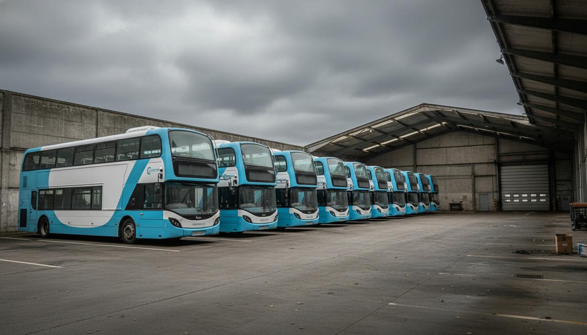 Ряд современных двухэтажных водородных автобусов, стоящих на парковке в городском автобусном парке Абердина.