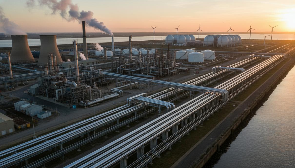 Промышленный пейзаж Хамбера с новыми трубопроводами и резервуарами для хранения водорода на рассвете.