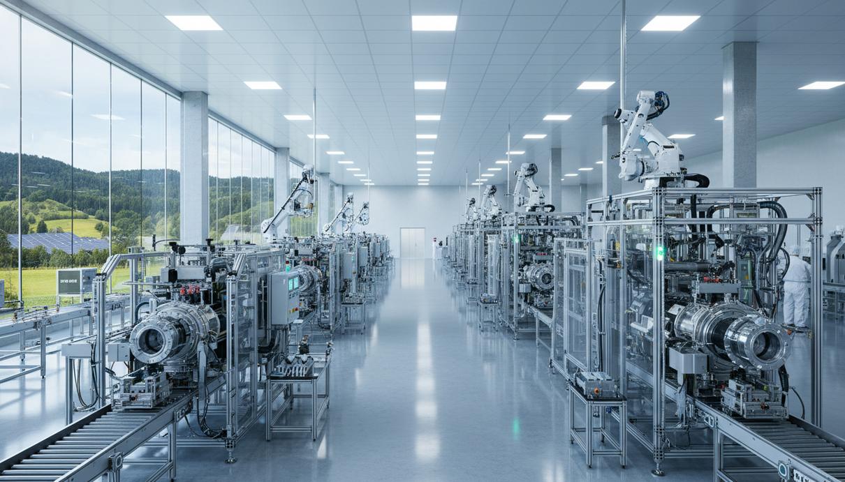 Современный завод по производству водородных электролизеров. Роботизированная сборочная линия с рядами блестящего оборудования.