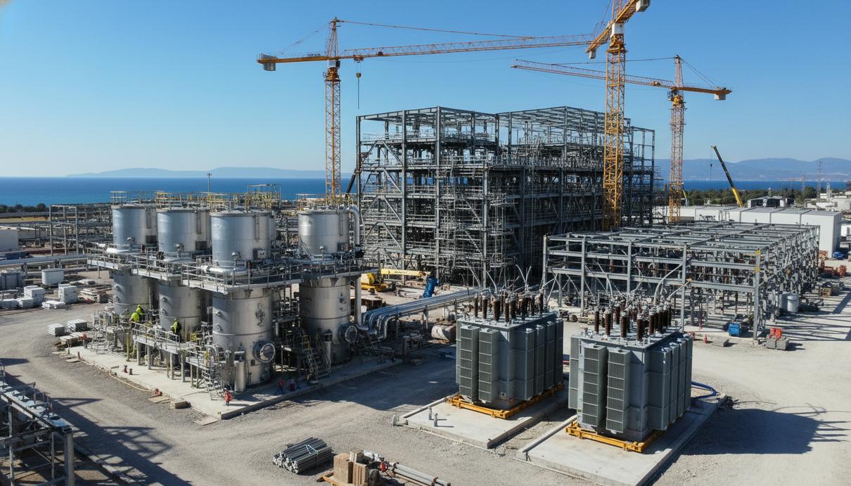 Промышленный комплекс по производству водорода в Греции. Новые электролизеры и силовое оборудование на строительной площадке завода.