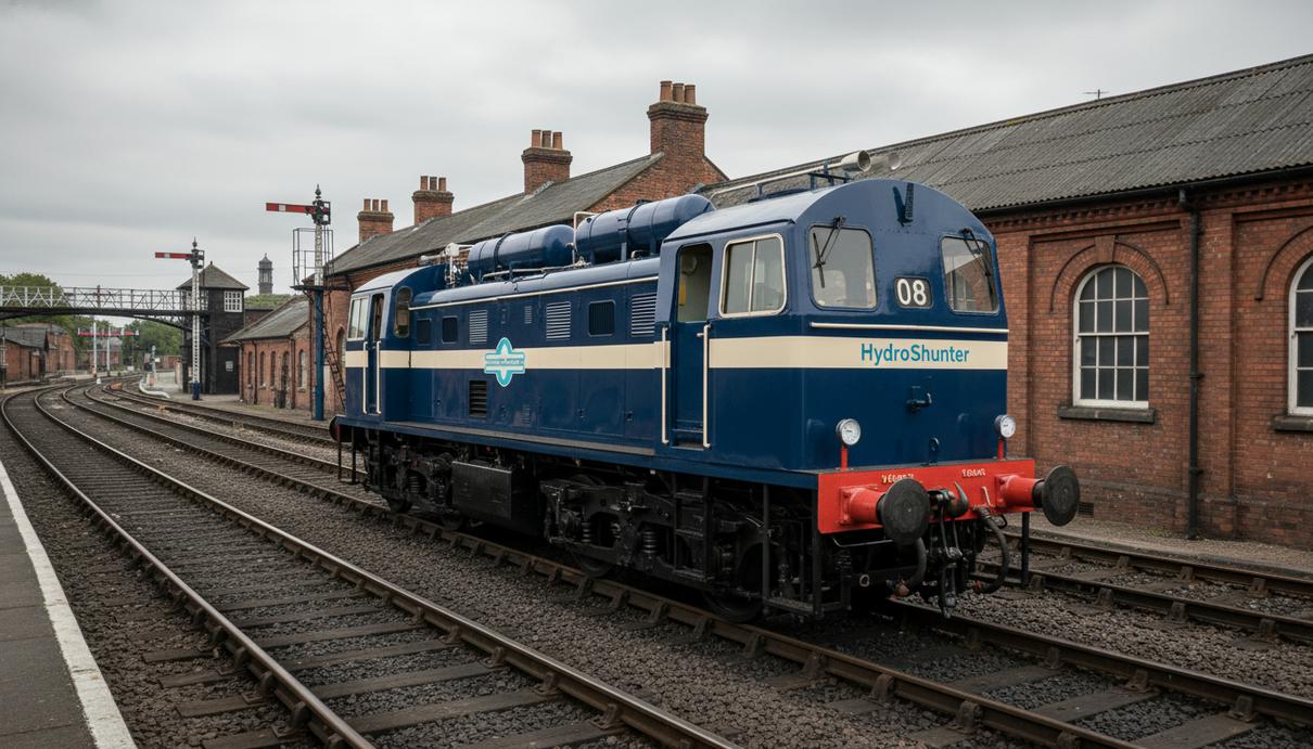 Зеленый маневровый локомотив HydroShunter на водородном топливе стоит на рельсах у перрона старинного кирпичного вокзала.