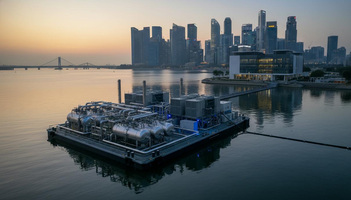 Плавучая баржа с оборудованием для производства водородной энергии у побережья Сингапура, на фоне современного дата-центра.