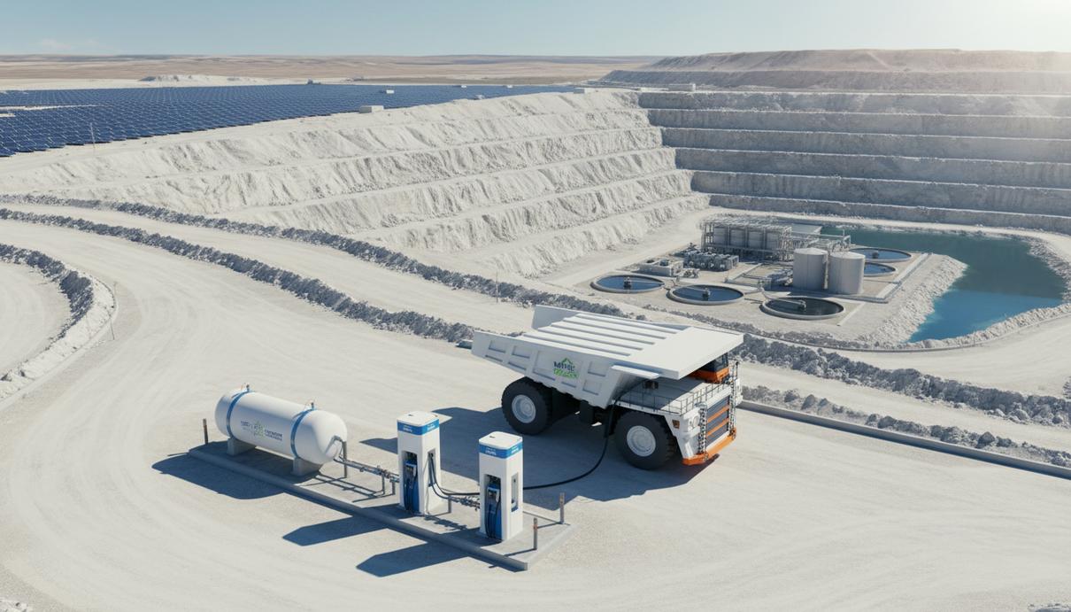 Современный карьер с водородной заправочной станцией, где заправляется большой карьерный самосвал. На фоне видны солнечные панели.