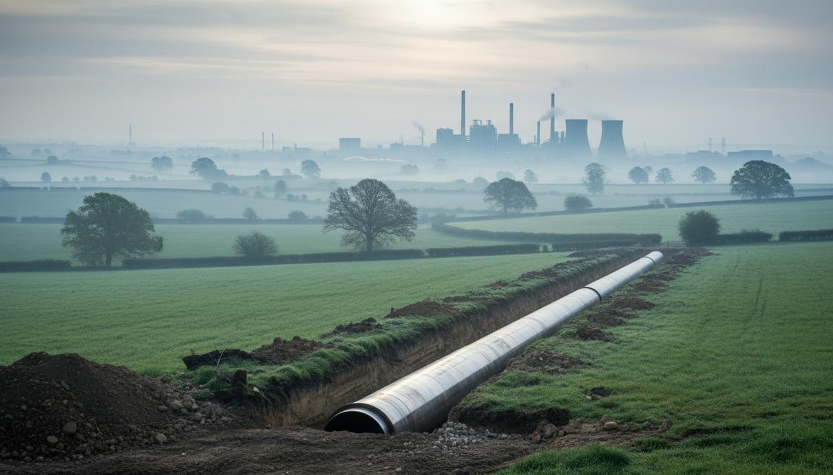 Новый блестящий водородный трубопровод в траншее, проложенной через зеленые холмы, на горизонте видны промышленные объекты.