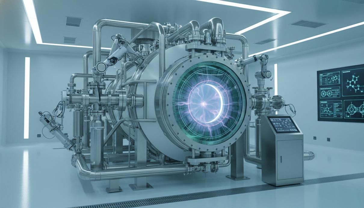 Промышленная установка плазменного пиролиза для производства водорода в современном цеху. Центральный реактор, стальные трубопроводы и датчики.