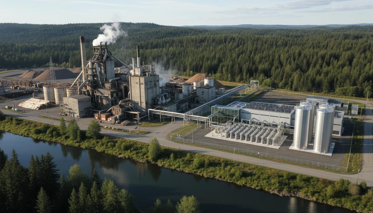 Современная водородная станция с электролизерами и резервуарами рядом с целлюлозно-бумажным комбинатом в Канаде.