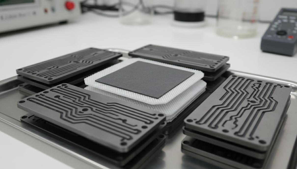 Крупный план разобранного водородного топливного элемента. Видны слои протонообменной мембраны с каталитическим покрытием и графитовые пластины в лабораторных условиях.