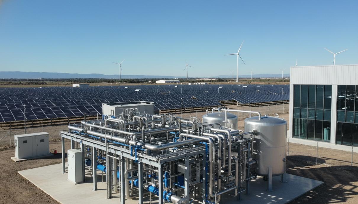 Современный завод по производству зеленого водорода с электролизером и резервуарами на фоне солнечных панелей.