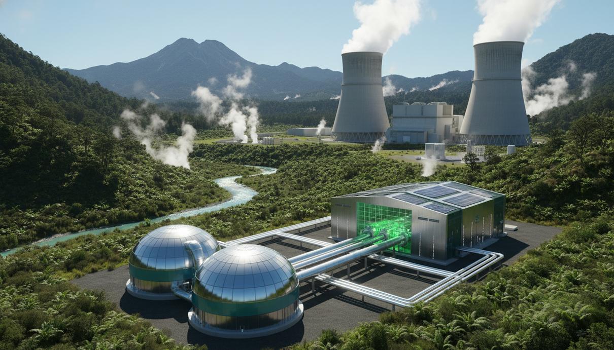Завод по производству зеленого водорода и геотермальная электростанция на фоне зеленых холмов Новой Зеландии.