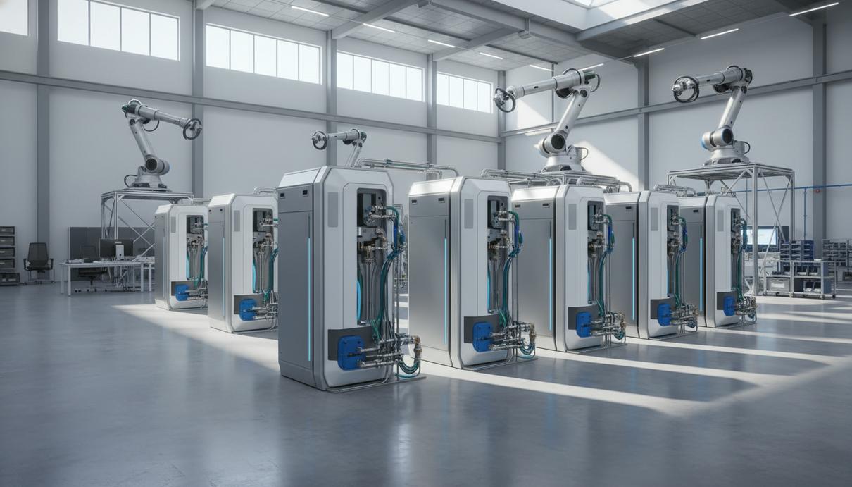 Современный заводской цех с рядами новых водородных электролизеров, готовых к отправке. Промышленное производство.