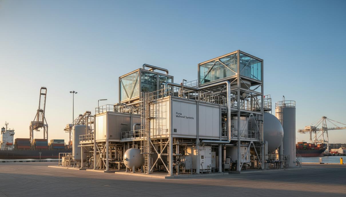 Современный модульный завод по производству зеленого метанола в порту Порту, Португалия. Промышленные установки и резервуары на фоне грузовых судов.