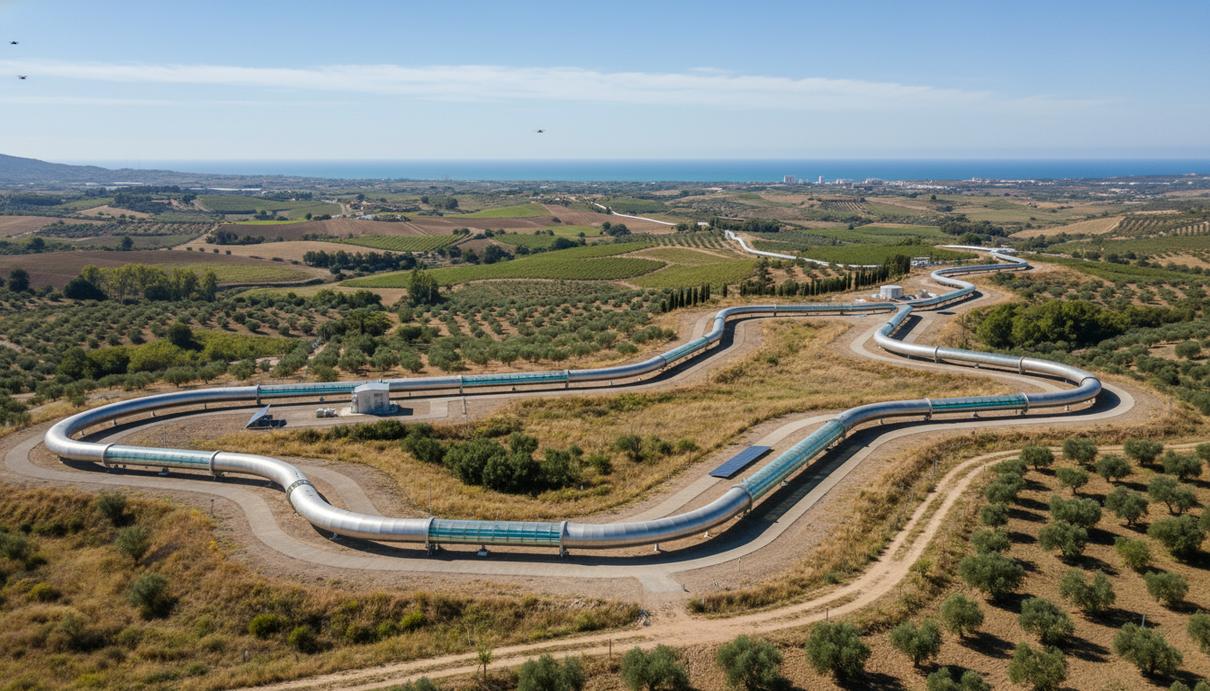 Новый водородный трубопровод, пролегающий через холмистый ландшафт Валенсии в Испании под ясным небом.