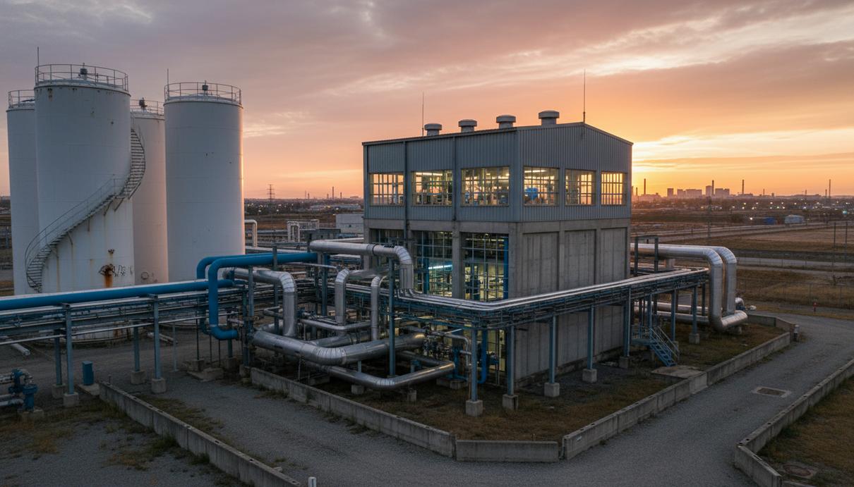 Промышленная водородная электростанция с рядами технологических контейнеров и сетью стальных трубопроводов