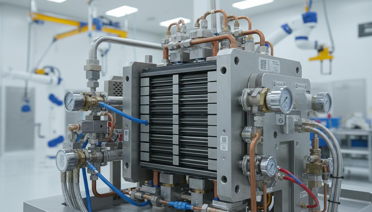 Металлический стек водородных топливных элементов и промышленные трубопроводы в заводском цеху