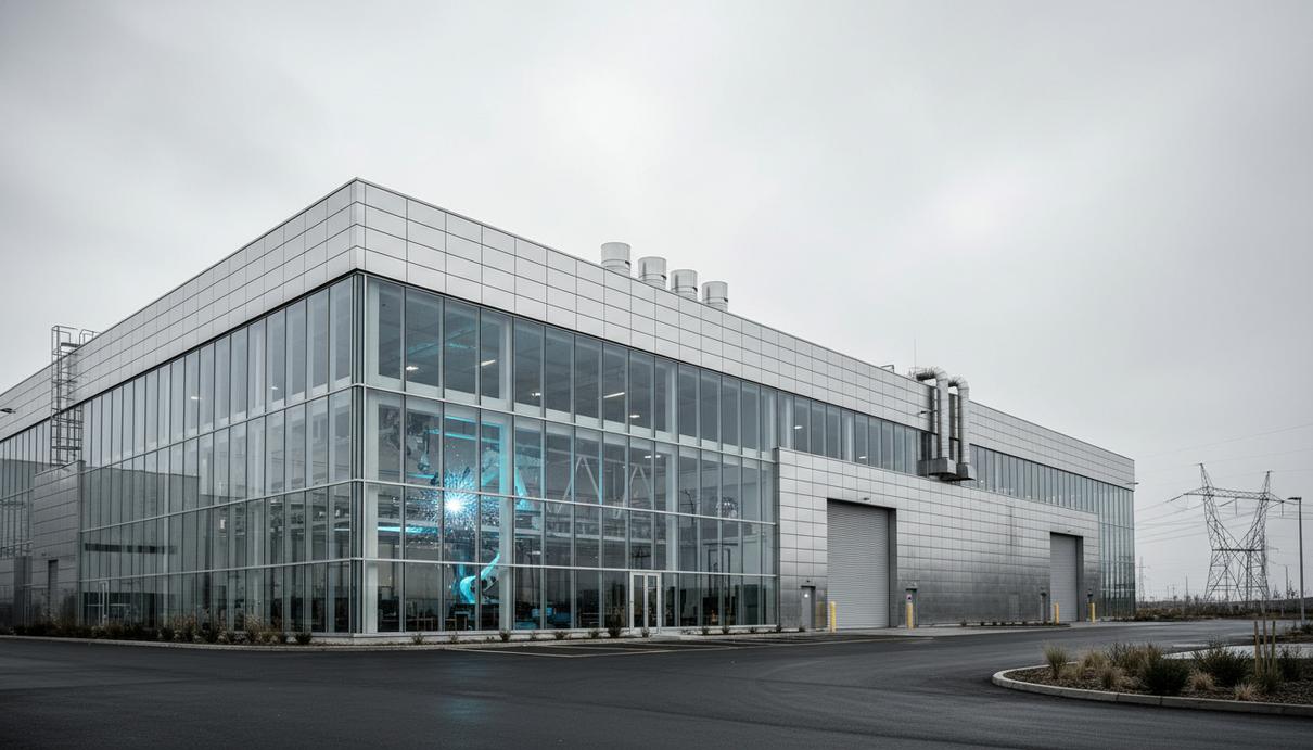 Современное здание крупного инженерно-технического центра с металлическим фасадом и панорамными окнами