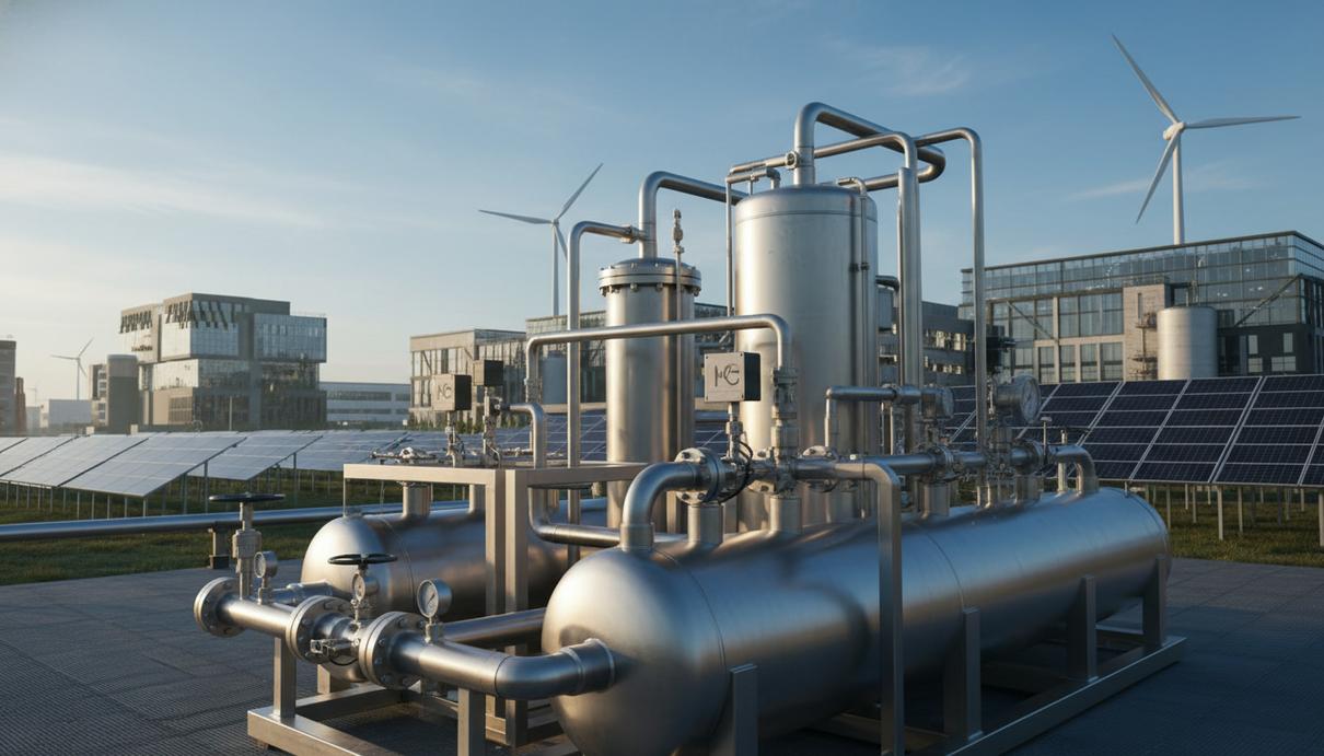 Промышленная установка для электролиза воды с металлическими трубами и емкостями в индустриальном парке