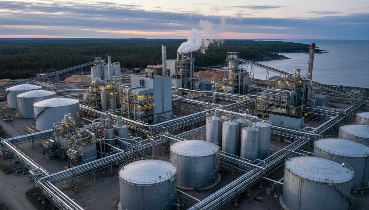 Современный промышленный комплекс с трубопроводами и стальными резервуарами на фоне скандинавского пейзажа.