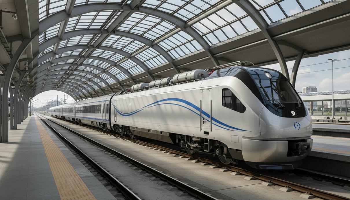 Современный водородный поезд и локомотив серебристого цвета на путях футуристичного вокзала.