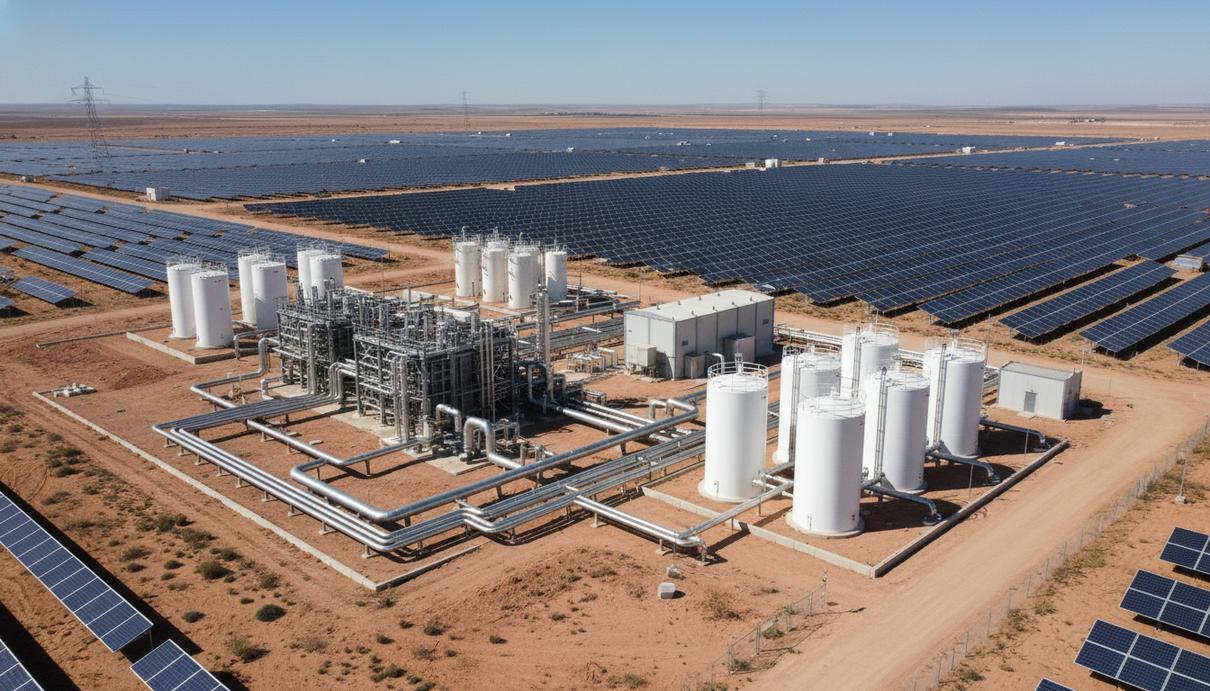 Солнечные панели и промышленная установка с белыми резервуарами для производства водорода на фоне гор.