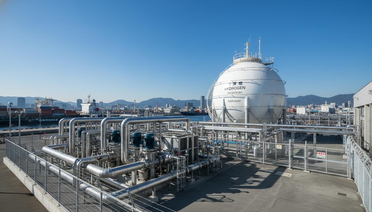 Промышленная установка подачи водородного топлива со стальными трубопроводами и сферическим резервуаром в Кобе.