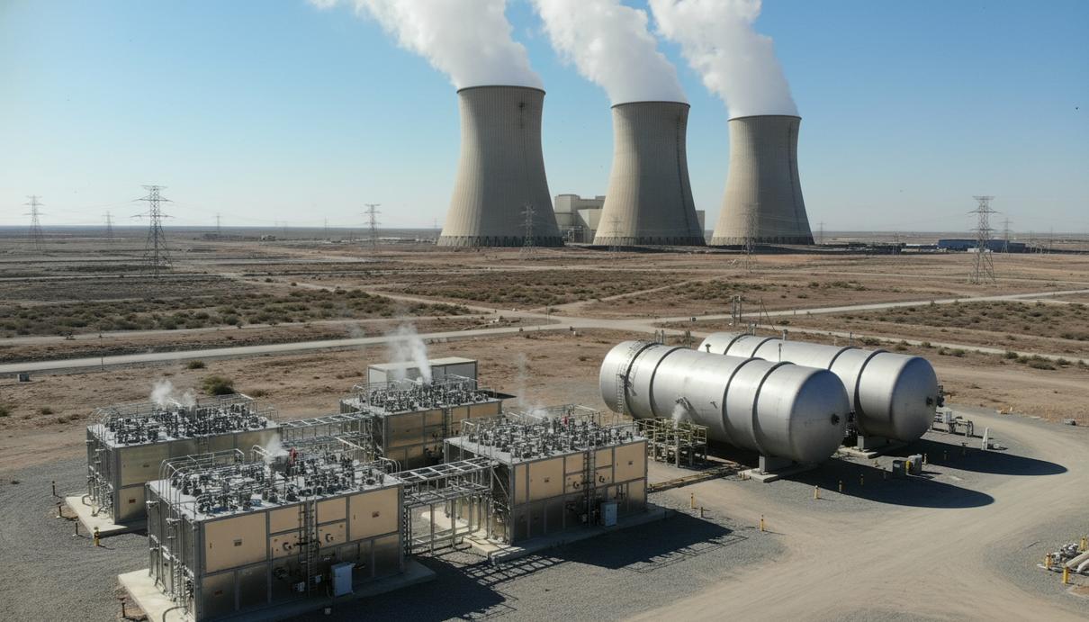 Промышленные установки для электролиза и резервуары на фоне градирен атомной электростанции в Чехии.