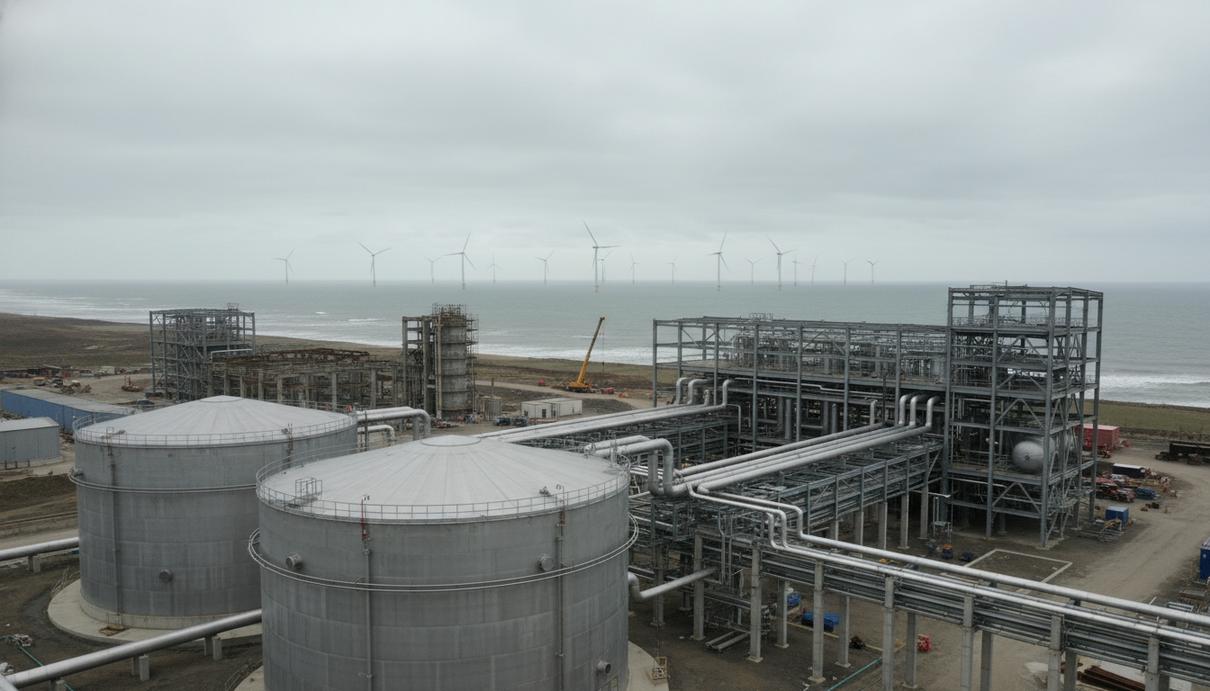 Строительная площадка водородного завода с промышленными резервуарами на фоне морского побережья